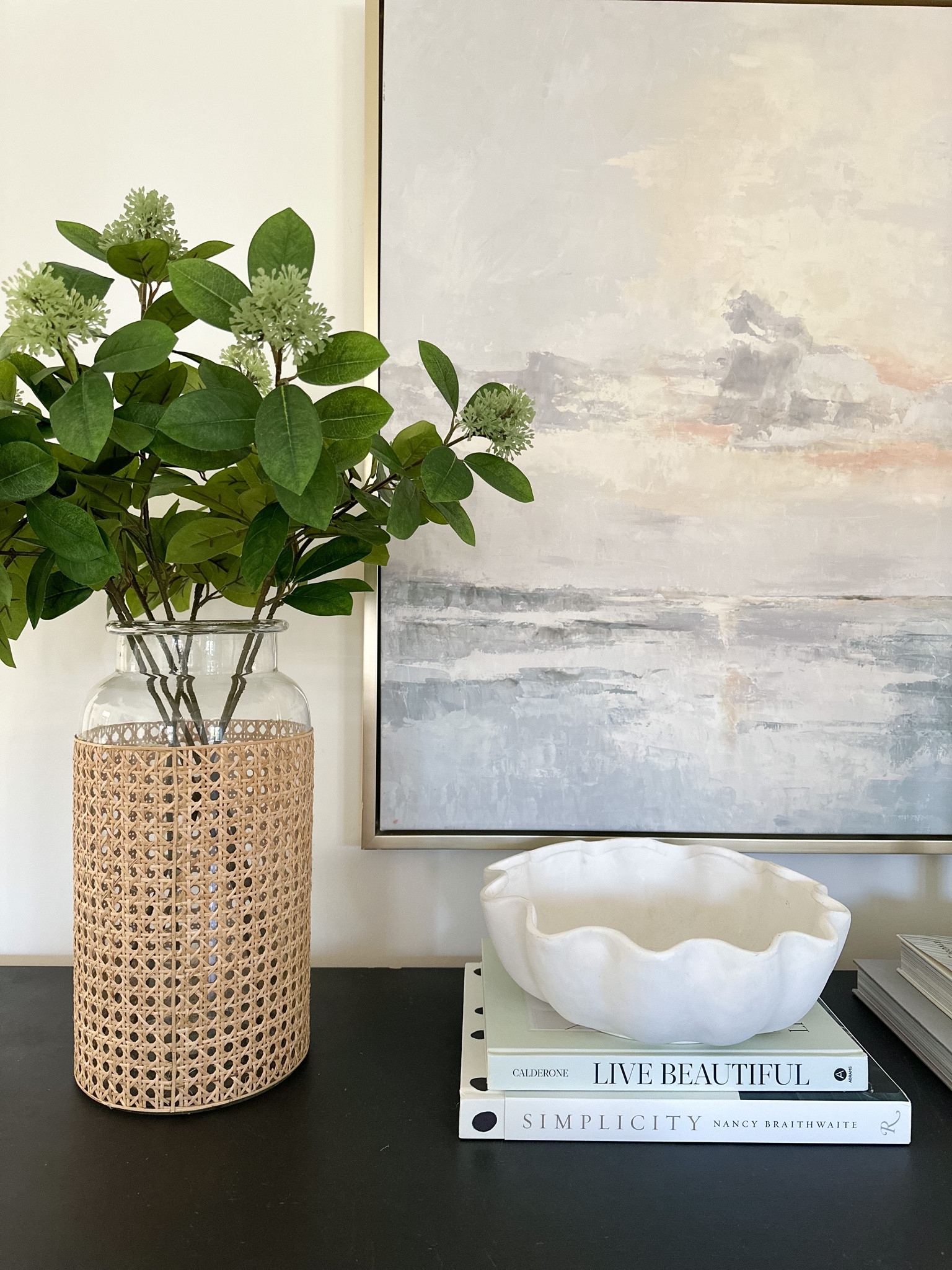 Coastal art, sunset art, neutral art, 40x40 framed art, McGee and go, cane vase, scalloped bowl, console decor, home decor, console styling, neutral home decor 

#LTKhome #LTKFind #LTKstyletip