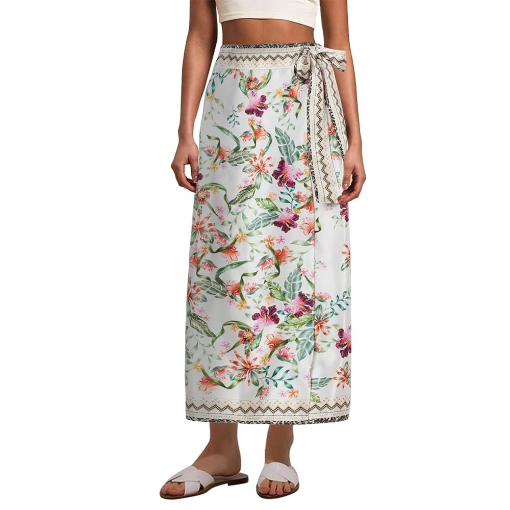 Womens Floral Wrap Midi Skirt Summer Adjustable Tie Side Casual High Waist A Line Beach Boho Long... | Amazon (US)