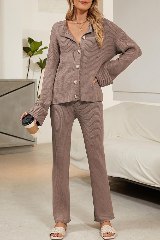 Cakulo Womens Lounge Sets 2 Piece Outfits 2025 Button Cardigan Knit Sweater Pants Loungewear Matc... | Amazon (US)