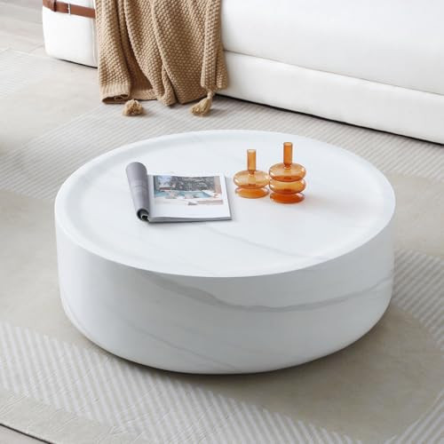 Round Coffee Table for Living Room, Modern Circle Coffee Table Faux White Pattern Center Table for Apartment, No Need Assembly (White, 31.49 Inch) | Amazon (US)