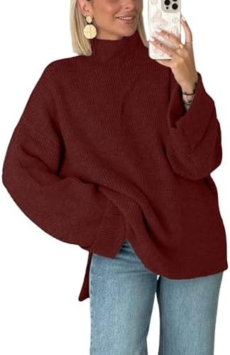 Antnation Oversized Womens Knit Sweater Cozy Ribbed Turtleneck Pullover with Side Slits | Amazon (US)