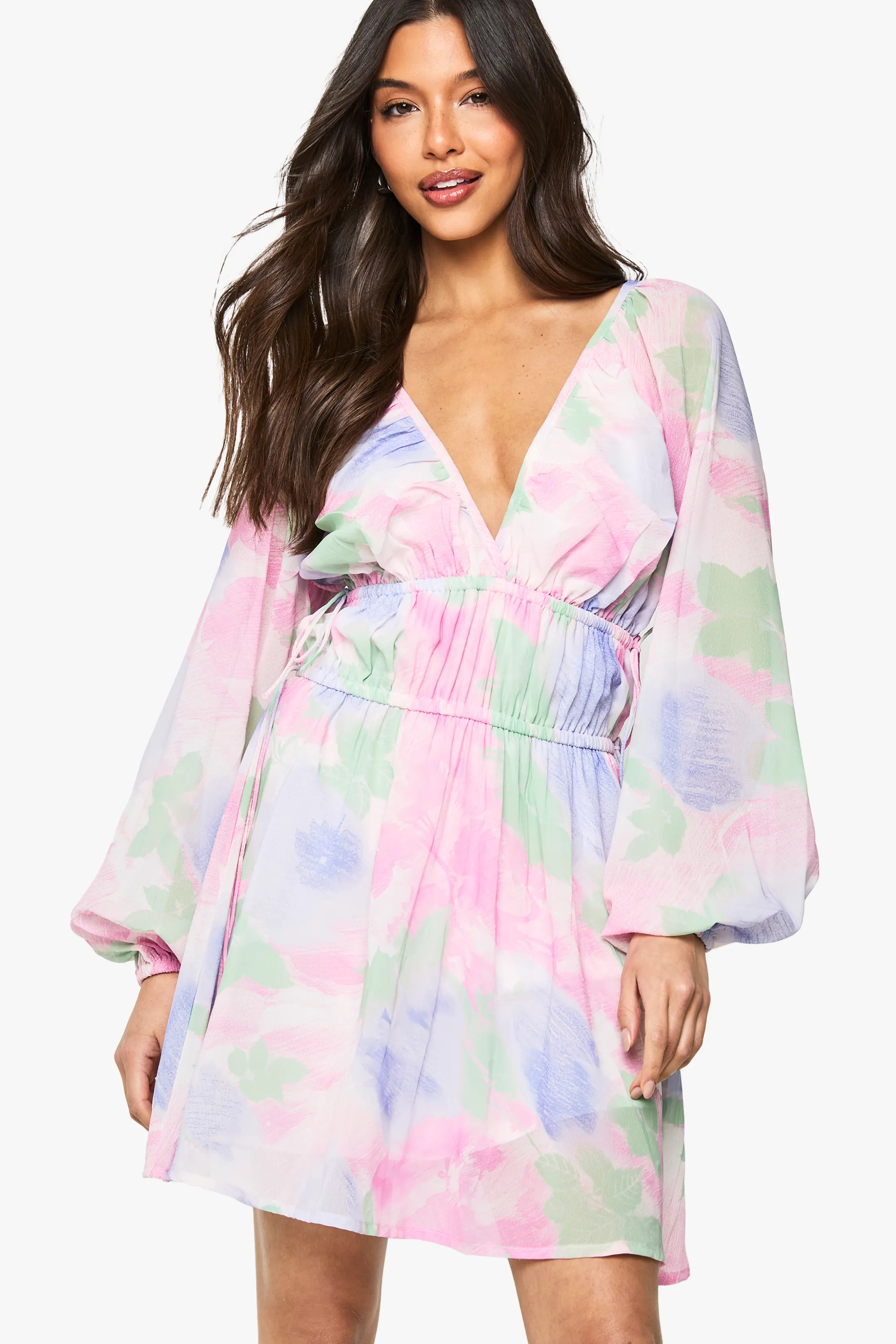 Dresses | Floral Tie Waist Balloon Sleeve Mini Dress | boohoo | Boohoo.com (UK & IE)