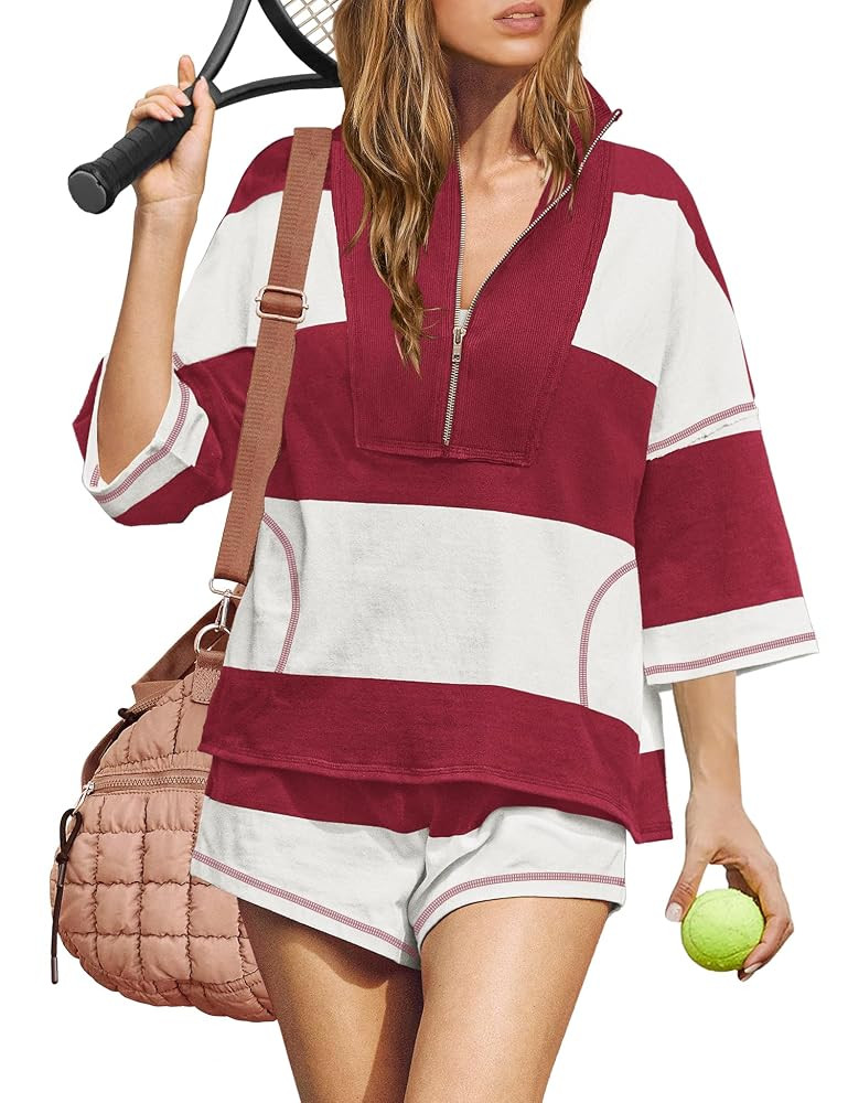 ReachMe Womens Workout Striped Short Sets 2 Piece Outfits Summer Matching Lounge Sets Top and Sho... | Amazon (US)