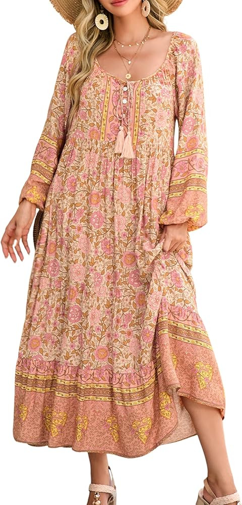 R.Vivimos Boho Maxi Dresses for Women 2026 Floral Print Long Sleeve Casual Button Up Loose Flowy ... | Amazon (US)