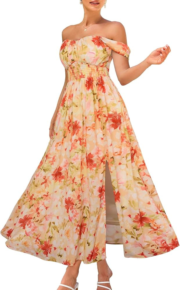 GRACE KARIN 2024 Women's Summer Floral Print Flowy A Line Maxi Dresses Sleeveless Smocked Off Sho... | Amazon (US)