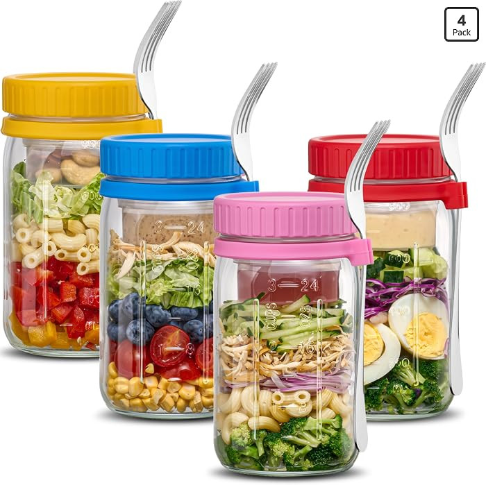 Danmu 32 oz Salad Jars with 2 Dressing Cups & Forks - Glass Mason Jar Meal Prep Containers,Wide M... | Amazon (US)