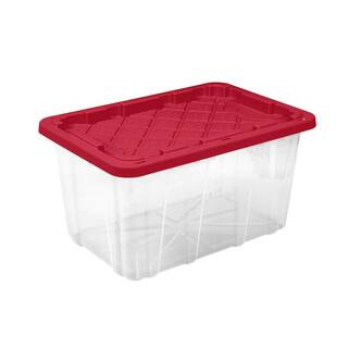 27 Gal. Tough Storage Tote in Clear with Red Lid | The Home Depot