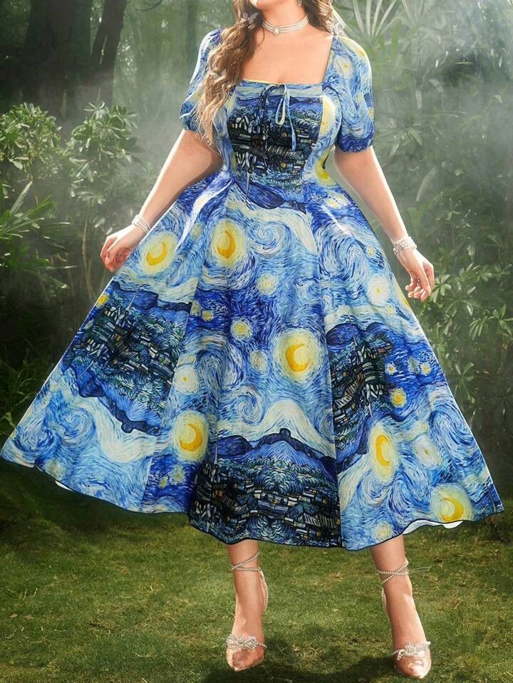 Lyrianda Plus Size Vacation Romantic Van Gogh Print Waist Gathered A-Line Dress | SHEIN