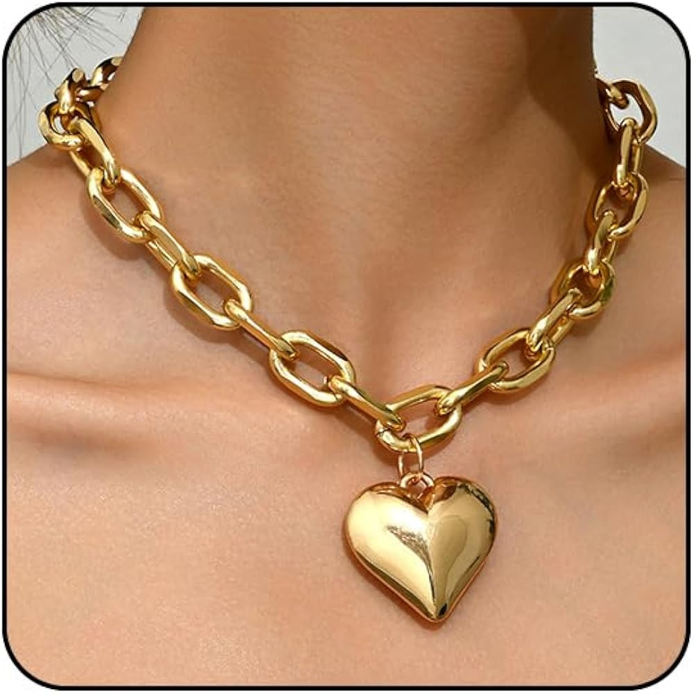 Otxas Gold Chunky Necklaces for Women Coin Pendant Big Heart Necklaces Gold Statement Necklace fo... | Amazon (US)