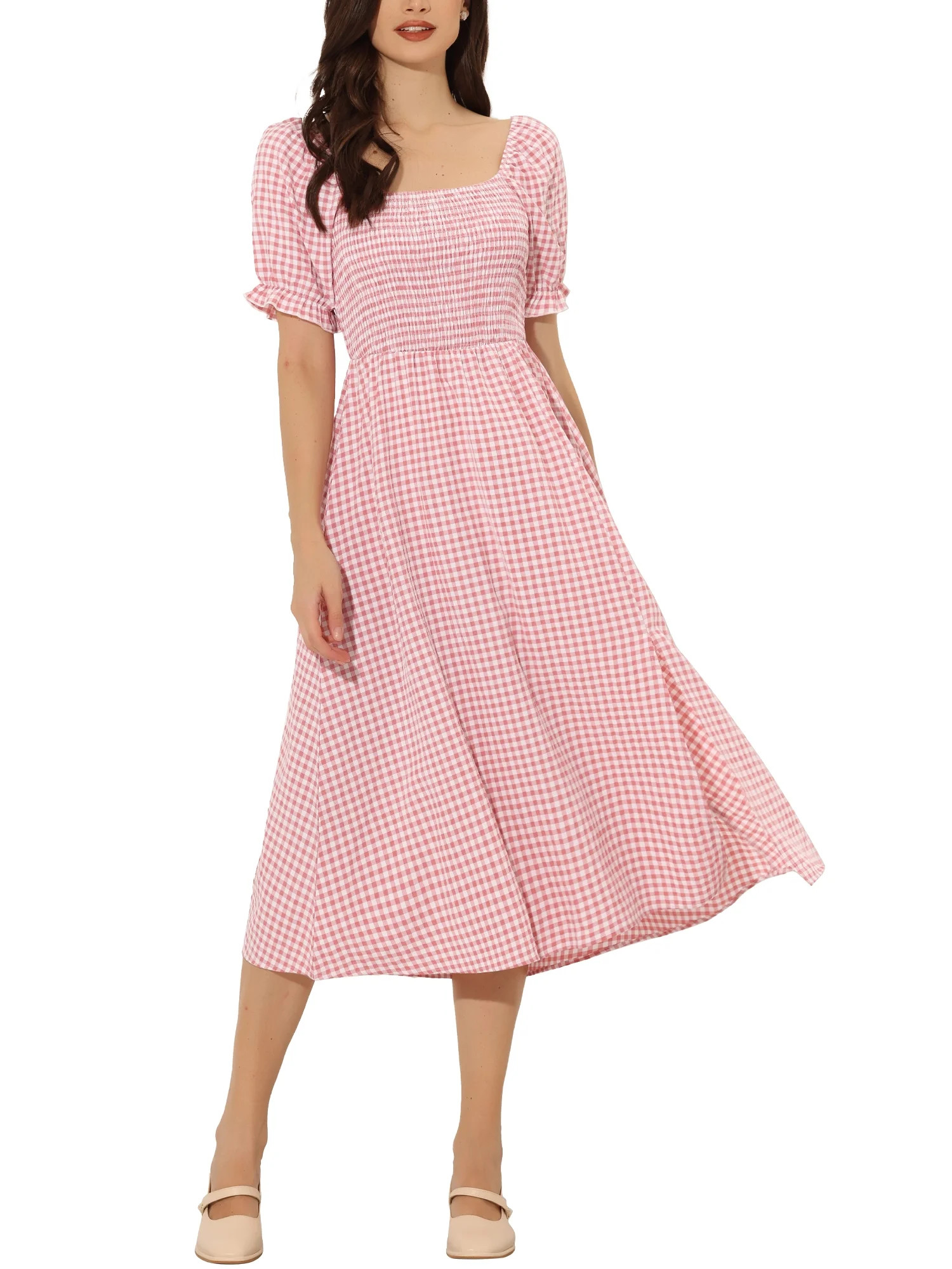 Allegra K Smocked Dress for Women's Puff Sleeve Square Neck Gingham Midi Dresses | Walmart (US)