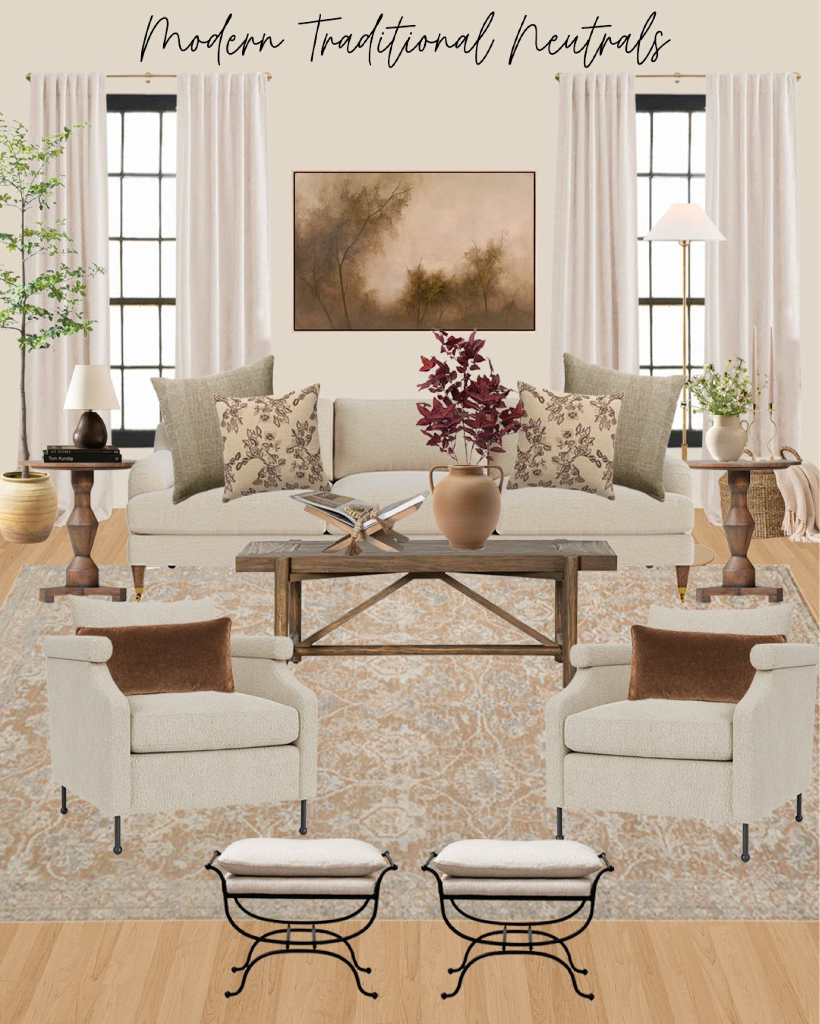 modern traditional neutral home decor living room ideas to update your home. English Roll Arm Sofa, Hand-Knotted Wool Rug, Floral Pillow Cover, brown Table Lamp, metal upholstered stool, gold Cordless Floor Lamp, wood Coffee Table, wood End Table, beige Lounge Chair, Brown Mohair Pillow Velvet, Houndstooth Pillow Cover, black Side Table, Wooden Book Display, wood scene artwork, Rounded Dual Handled Vase

#LTKOver40 #LTKStyleTip #LTKHome