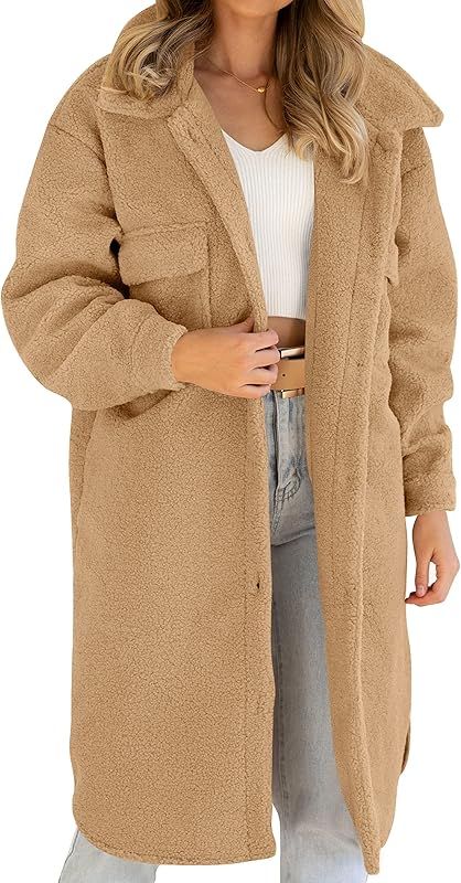 ZESICA Women's Winter Fuzzy Fleece Lapel Button Down Open Front Faux Fur Long Jacket Coat Outwear... | Amazon (US)