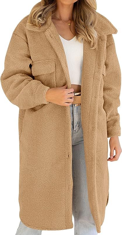 ZESICA Women's Winter Fuzzy Fleece Lapel Button Down Open Front Faux Fur Long Jacket Coat Outwear... | Amazon (US)