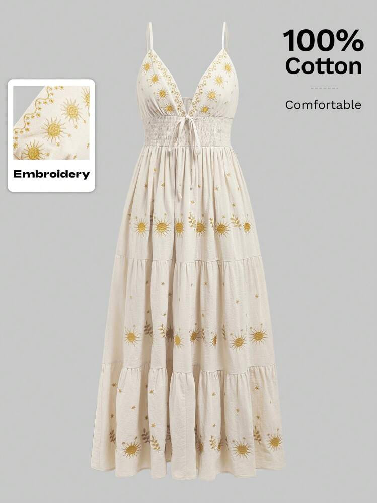 ROMWE Fairycore Vestido Casual De Linha A Com Alças Finas E Bordado De Estrela, Estilo Renascentista Para Férias, Para Mulheres | SHEIN
