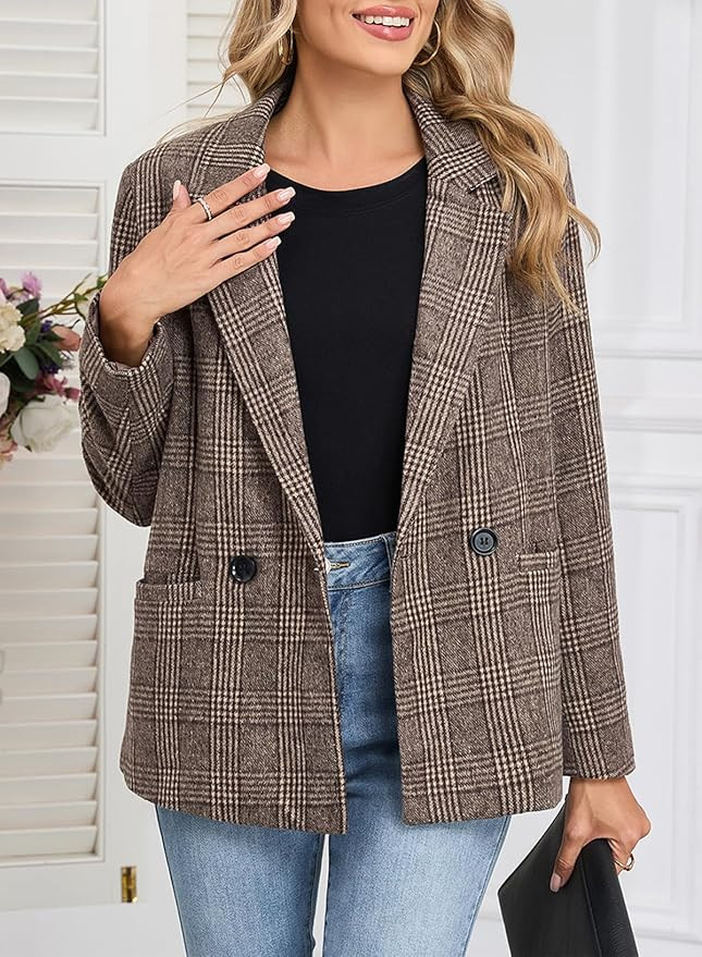 Happy Sailed Women’s Plaid Blazer Classic Lapel Collar Double Breasted Open Front Blazers Jacke... | Amazon (US)