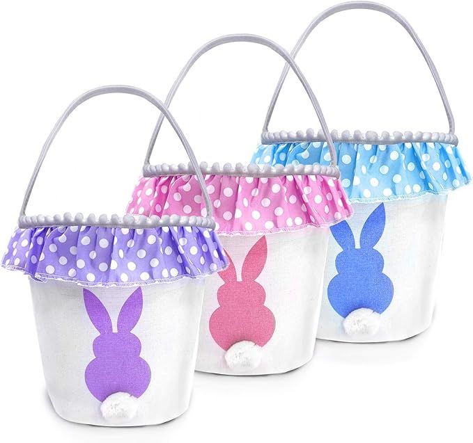 TOPLEE 3 PCS Easter Eggs Hunt Basket for Kids Canvas Bunny Basket Egg Bags Rabbit Fluffy Tails Pa... | Amazon (US)