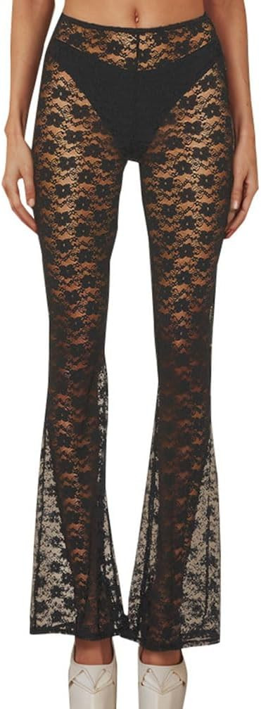 Women's Black Floral Lace Bell Bottom See Through Elastic Hollow Out Sheer Mesh Leg Cover Up Cost... | Amazon (US)