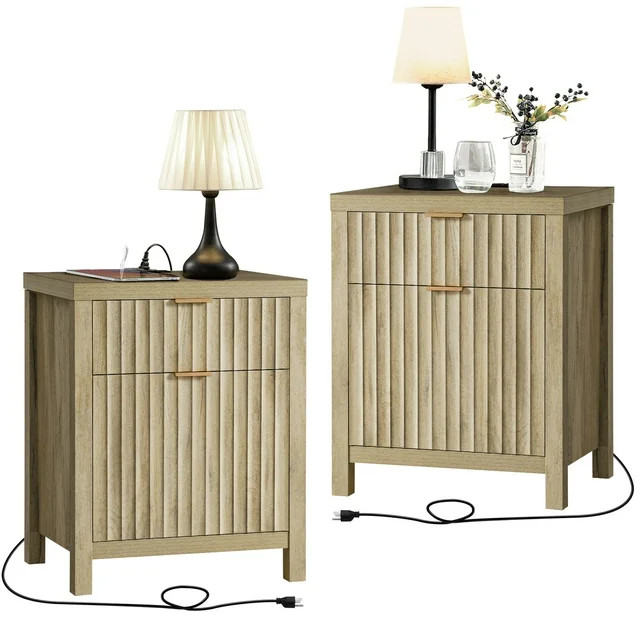 OAKHAM 2 Drawer Nightstands with Charging Station, Farmhouse Bedside Tables with usb, Set of 2 | Walmart (US)