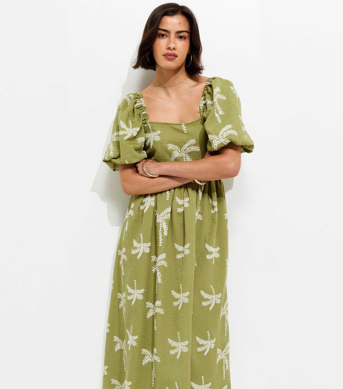 Green Embroidered Palm Tree Puff Sleeve Midi Dress | New Look | New Look (UK)