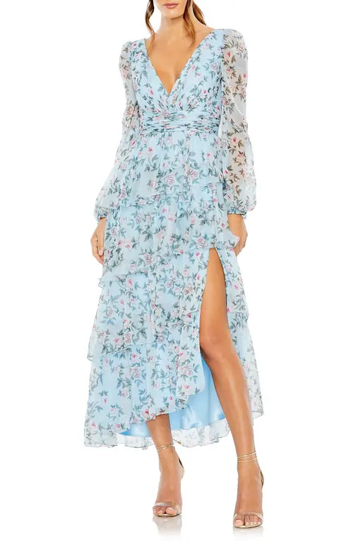 Mac Duggal Floral Long Sleeve Tiered Gown in Aqua Multi at Nordstrom, Size 16 | Nordstrom