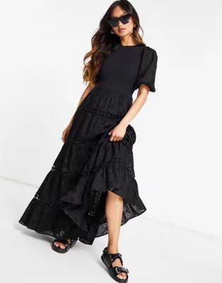 ASOS DESIGN shirred mixed broderie tiered maxi dress with lace inserts in black | ASOS (Global)