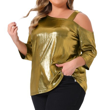 DARING DIVA Women s Plus Metallic One Shoulder 3/4 Sleeve Shiny Blouse 4X Gold | Walmart (US)