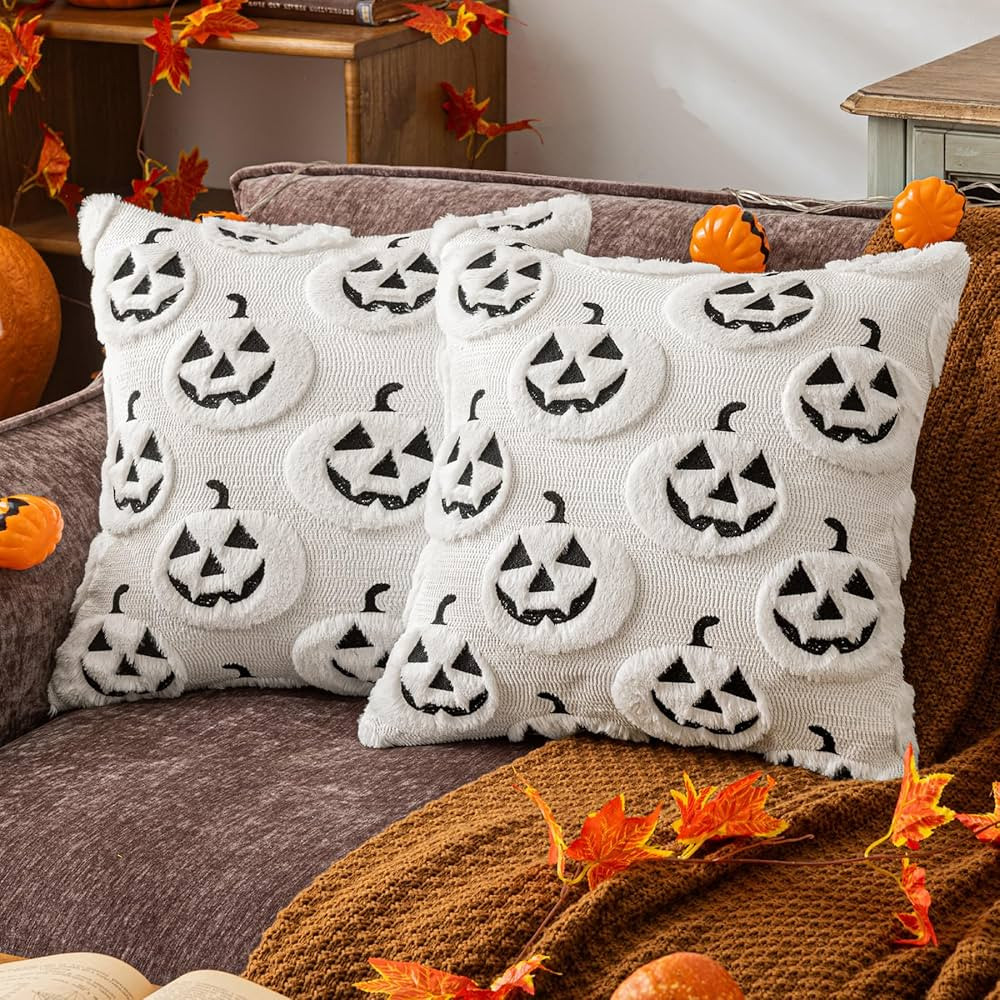 White Halloween Pumpkin Fall Throw Pillow Covers 18"x18" Set of 2 Soft Faux Fur Ghost Pillow Cove... | Amazon (US)