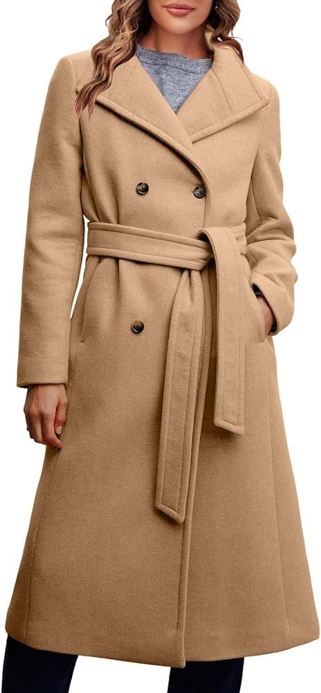 Fisoew Women Double Breasted Coats Long Winter Work Office Overcoat Pocketed Outwear with Belt | Amazon (US)