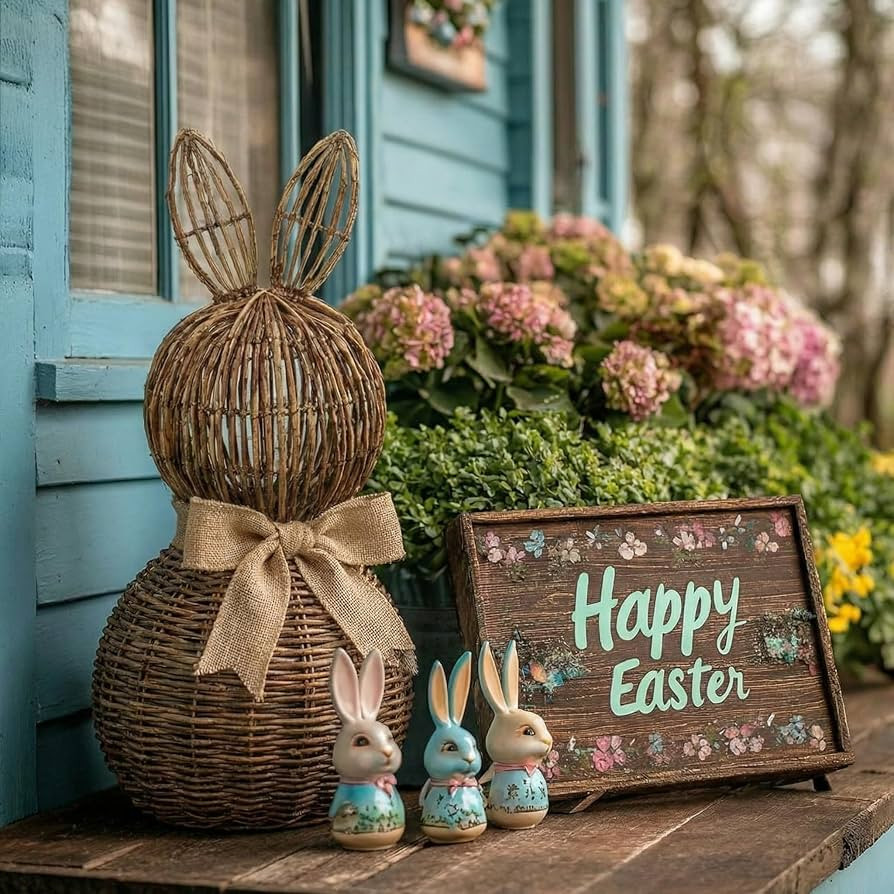 20 Inch Set of 2 Easter Rattan Bunny Decor Outdoor, Large Bunny Topiary with Beige Bow Woven Rabb... | Amazon (US)