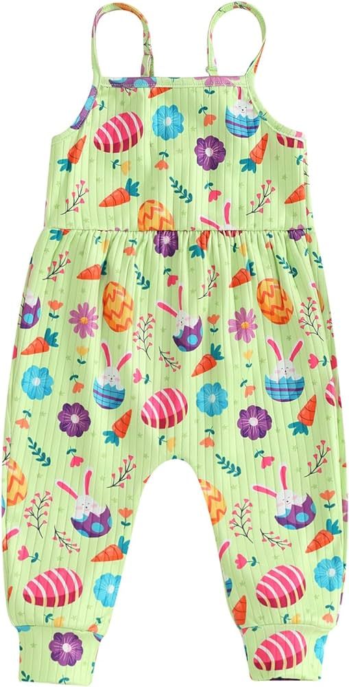 Toddler Baby Girl Easter Outfit Bunny Print Romper Bodysuit Sleeveless Jumpsuit Overalls Suspende... | Amazon (US)