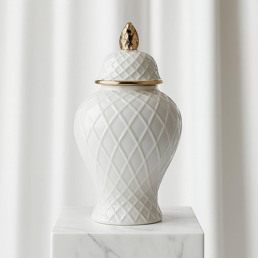 Ceramic Ginger Jar with Lid – White Stoneware Home Decor Vase with Gold Accents – Elegant Dia... | Amazon (US)
