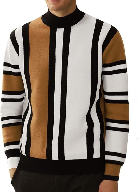 GRACE KARIN Mens Vintage Sweater Mockneck Striped Pullover Sweater Fashion Jumper Sweater | Amazon (US)