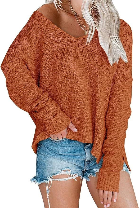 Women’s Off Shoulder Knit Sweaters Oversized V Neck Long Sleeve Loose Lightweight Pullover Tops... | Amazon (US)