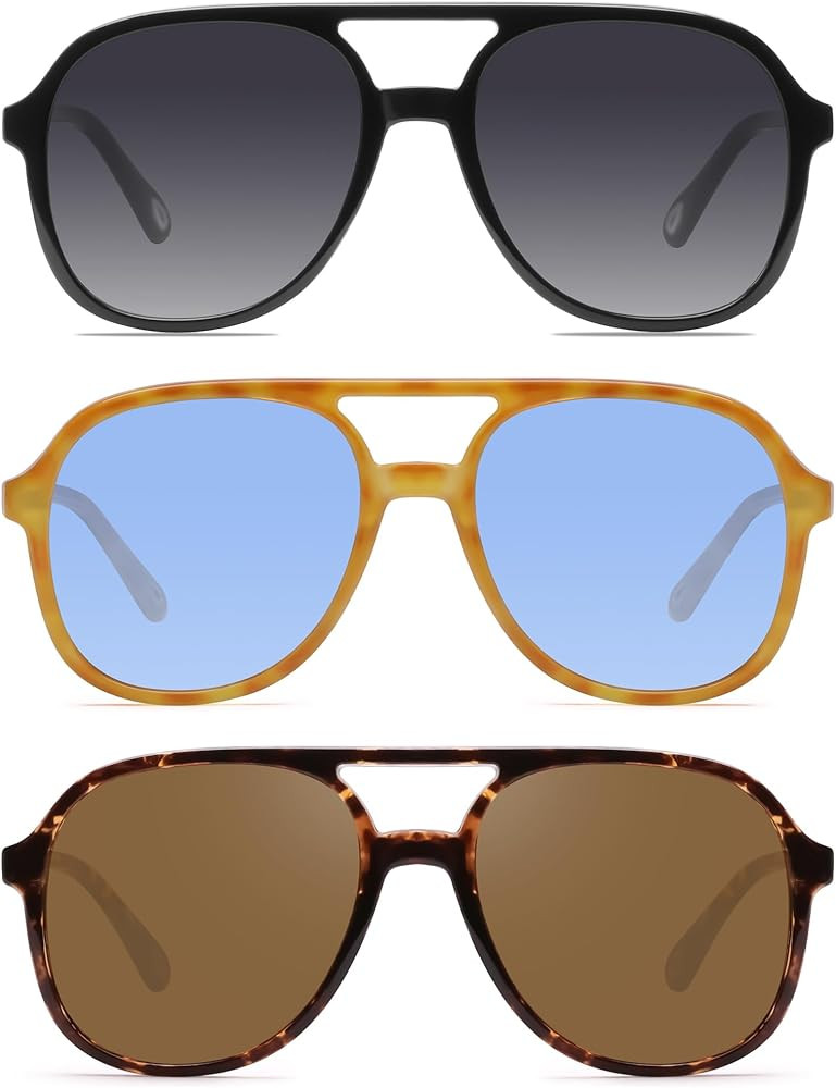 YDAOWKN Retro Square Aviator Sunglasses for Womens Mens Vintage 70s Double Bridge Sun Glasses at ... | Amazon (US)