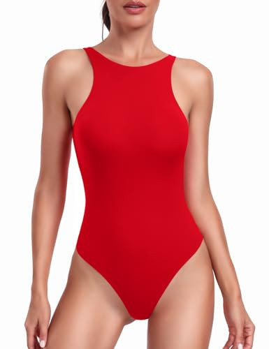 HeyNuts Women's Ultra Soft High Neck Sleeveless Bodysuit, Racerback High Cut Thong Double Lined Sexy Tummy Control Tank Tops Bodysuit Leotard Clothing True Red S(4/6) | Amazon (US)