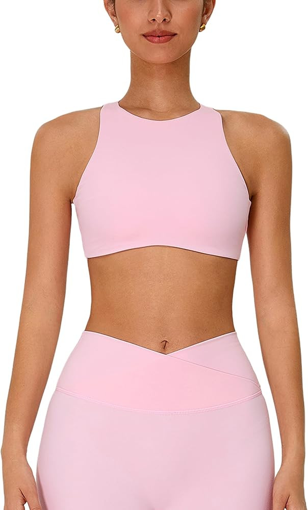 ABOCIW Womens High Neck Sports Bra Padded Cut Out Back Gym Workout Bra Sleeveless Yoga Pilates Cr... | Amazon (US)