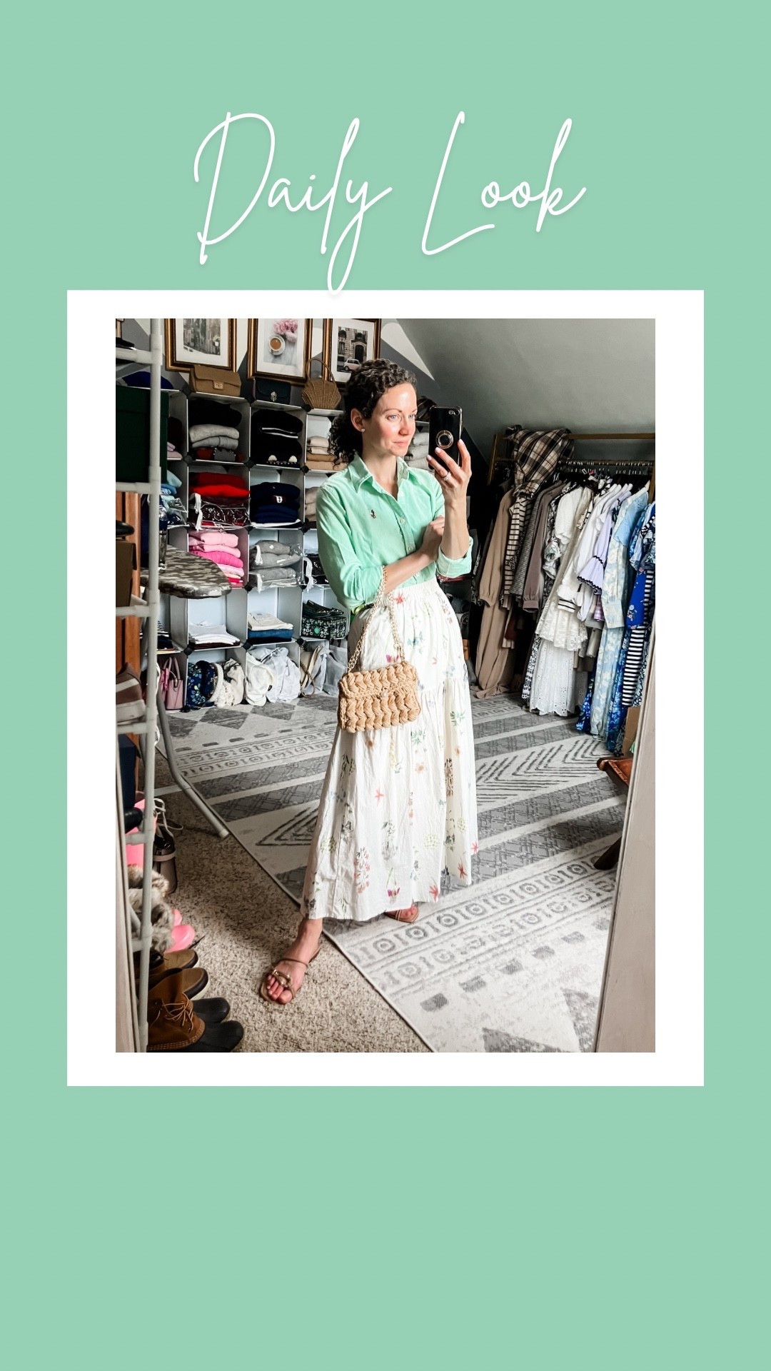 Green and white spring outfit!
Green button down shirt from Ralph Lauren is old, linking similar. 
White floral cotton skirt from @Chicwish 
Diamond stud earrings from Amazon. 
Woven bag from Chicwish. 
Eternity band from Amazon. 
Nude sandals from Marc Fisher are old, linking similar. 
Petite outfit. Preppy outfit. Colorful outfit. Classic outfit. Modest outfit  

#LTKgrwm #LTKdayinmylife #LTKootd