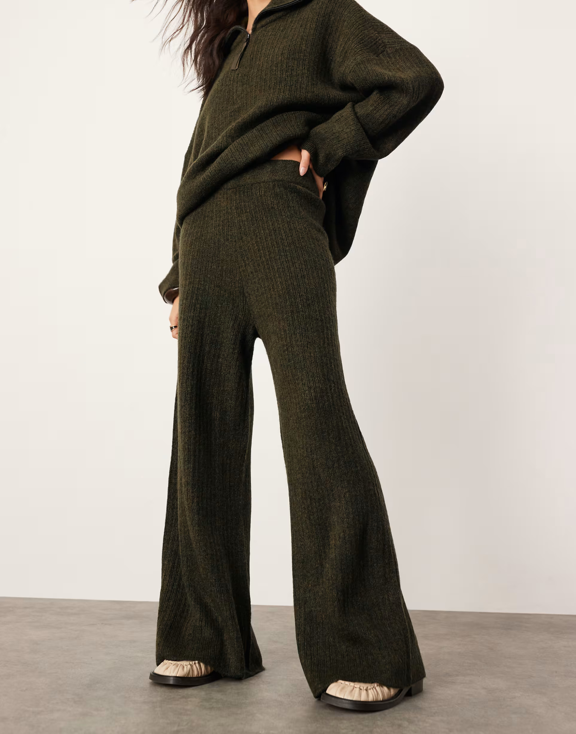 ASOS EDITION knitted rib wide leg trouser co-ord in khaki | ASOS (Global)