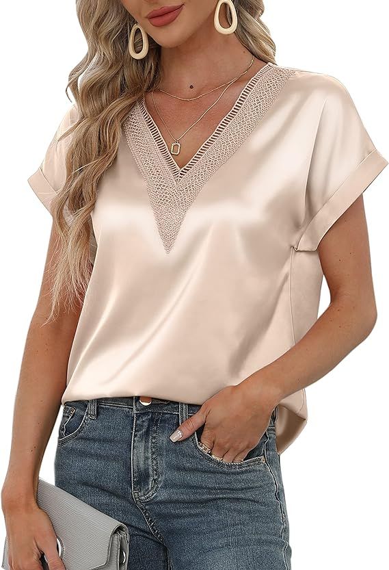 MIROL Women's Short Sleeve Silk Tops Guipure Lace V Neck Satin Blouse Solid Elegant Loose Fit Shi... | Amazon (US)