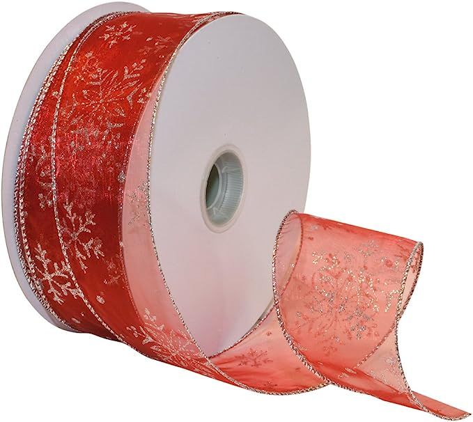 Morex Ribbon Snowflake Wired Sheer Glitter Ribbon, 2-1/2-Inch by 50-Yard Spool, Red/Silver | Amazon (US)
