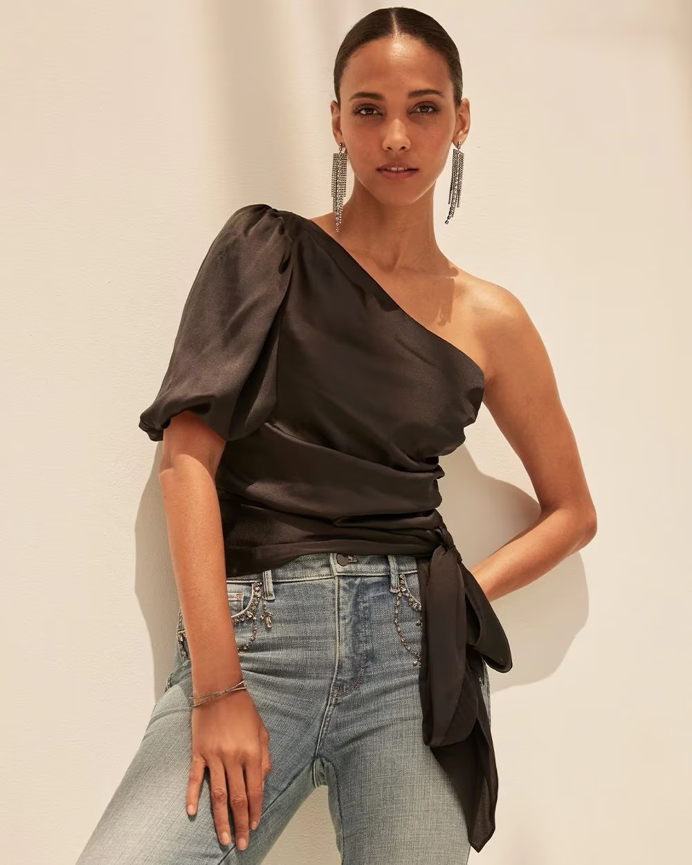 One Shoulder Satin Tie Blouse | White House Black Market