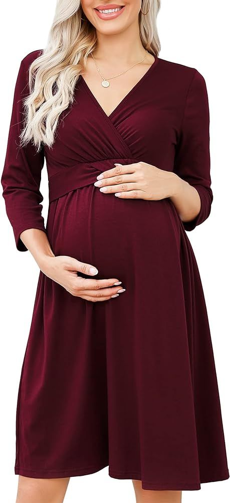 Coolmee Women's Casual Ruffle Maternity Dress V Neck Nursing 3/4 Sleeve A Line Party Midi Dress | Amazon (CA)
