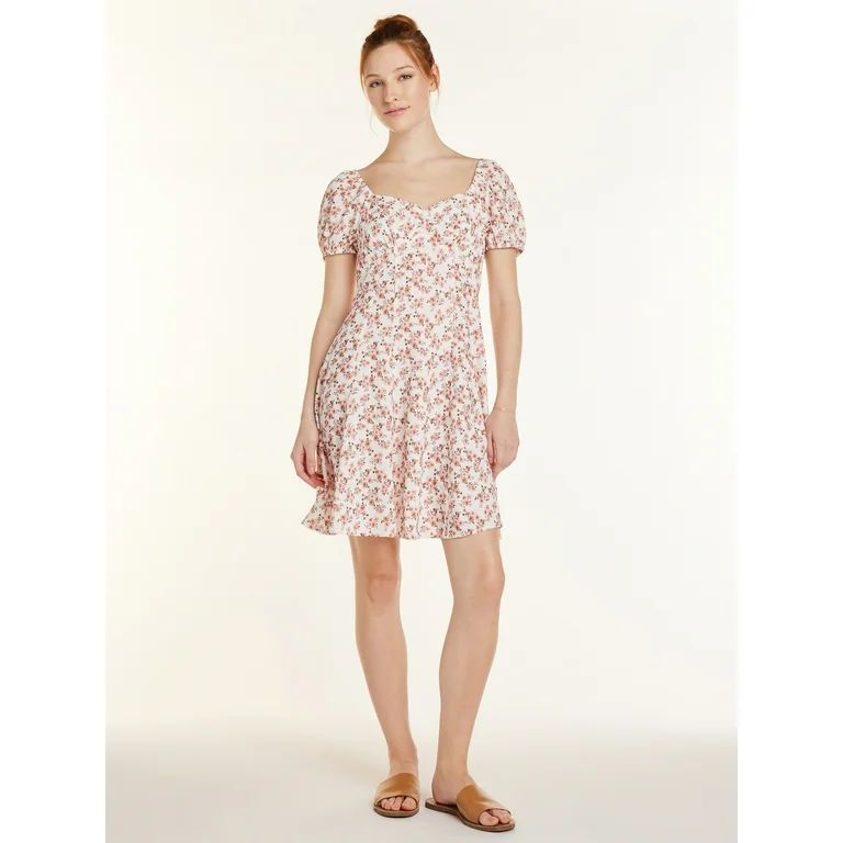 No Boundaries Juniors’ Ruched Floral Mini Dress with Puff Sleeves, Sizes XS-XXXL | Walmart (US)