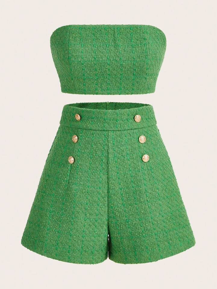 SHEIN MOD Tweed Tube Top & Button Detail Shorts | SHEIN