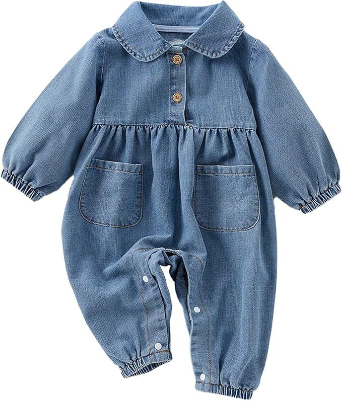 Unisex Newborn Baby Denim Outfit Button Up Shirt with Oversized Lapel Long Sleeve Bubble Romper | Amazon (US)