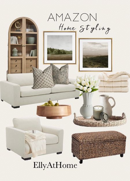 Amazon home spring living room styling. Wood arch cabinet, Neutral sofa, side chair, rattan woven chest, tray, vases, throw pillows, throw blankets, framed artwork, vases, candle, spring tulips.  Home decor accessories, free shipping. 

#LTKhome #LTKsalealert #LTKfindsunder50
