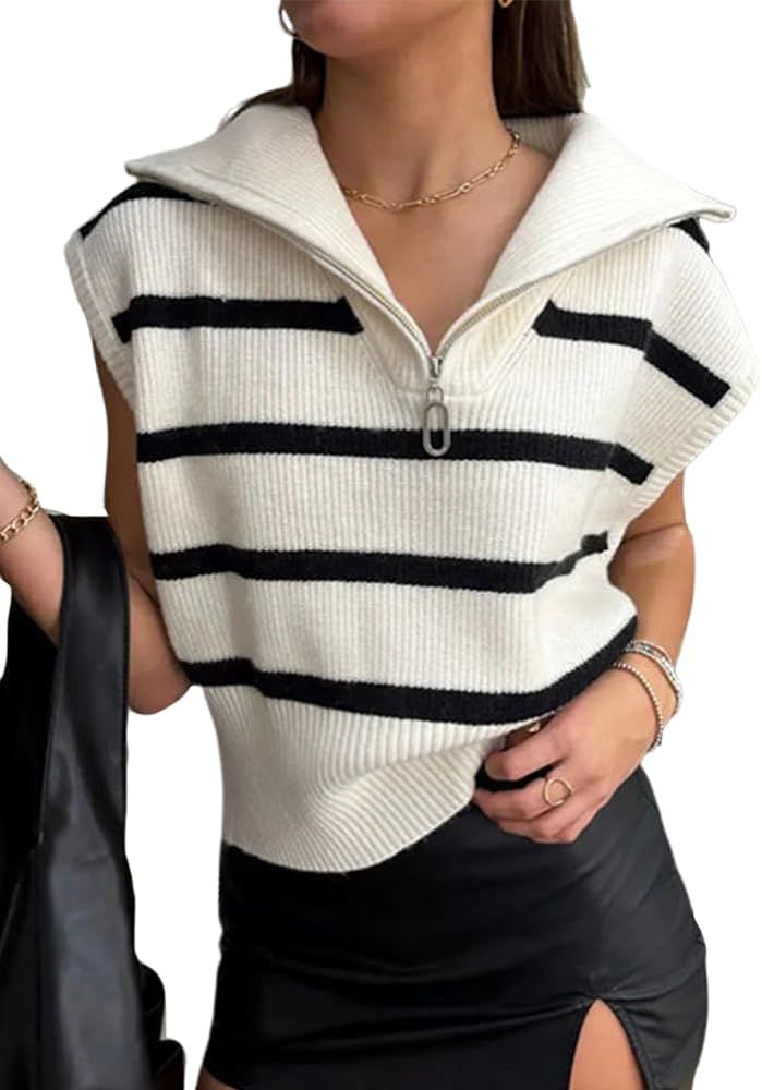 IDEALSANXUN Womens Cap Sleeve Tops Spring Summer Lapel Collar Striped Casual Lightweight Sweater ... | Amazon (US)