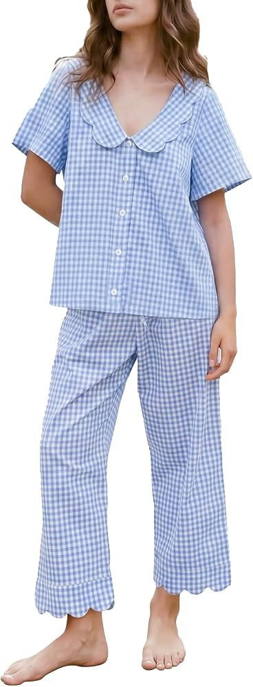 Yimoon Womens Gingham Pajamas Set 2 Piece Plaid Cotton Pjs | Amazon (US)
