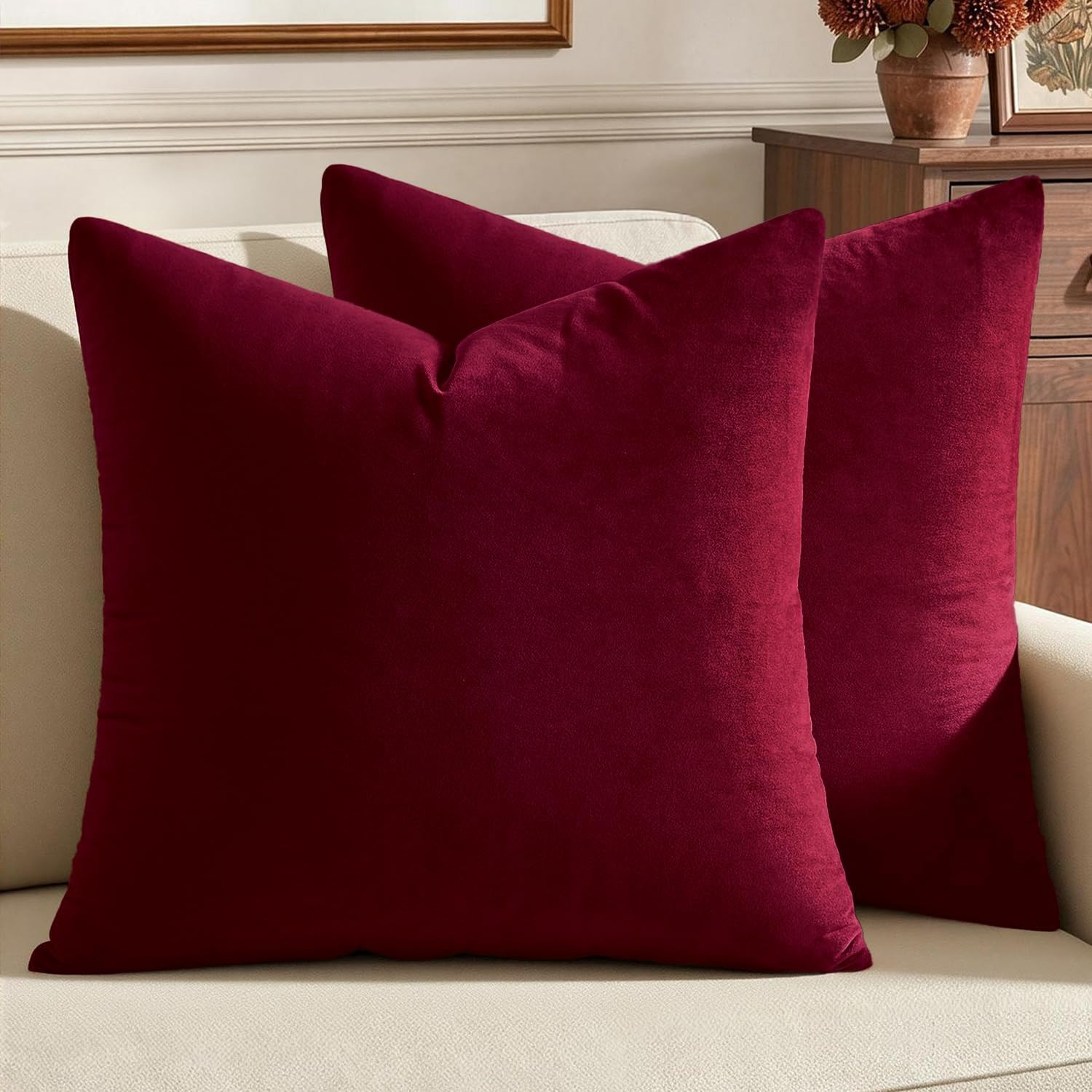 MIULEE Velvet ChristmasThrow Pillow Covers 18x18 Inch Pack of 2 Wine Red | Amazon (US)