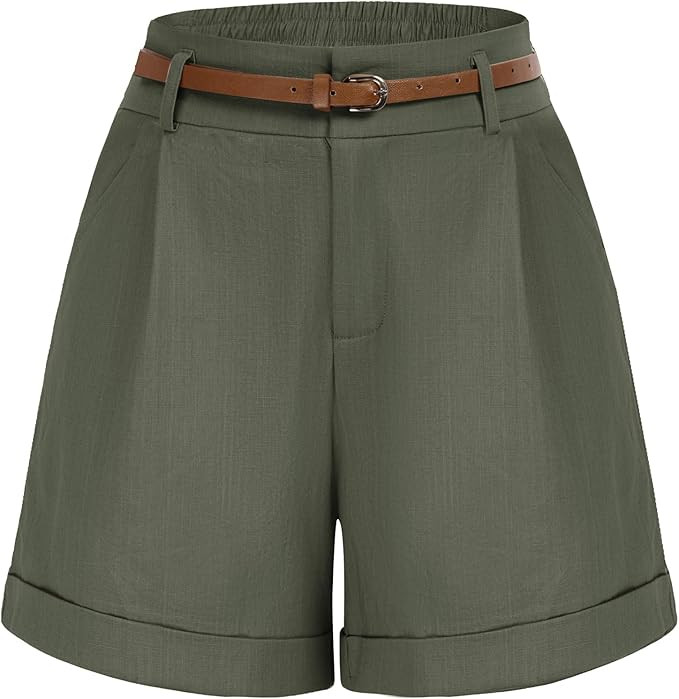 Belle Poque Women Bermuda Shorts Elastic Waist Wide Leg Shorts with Pockets & Belts | Amazon (US)